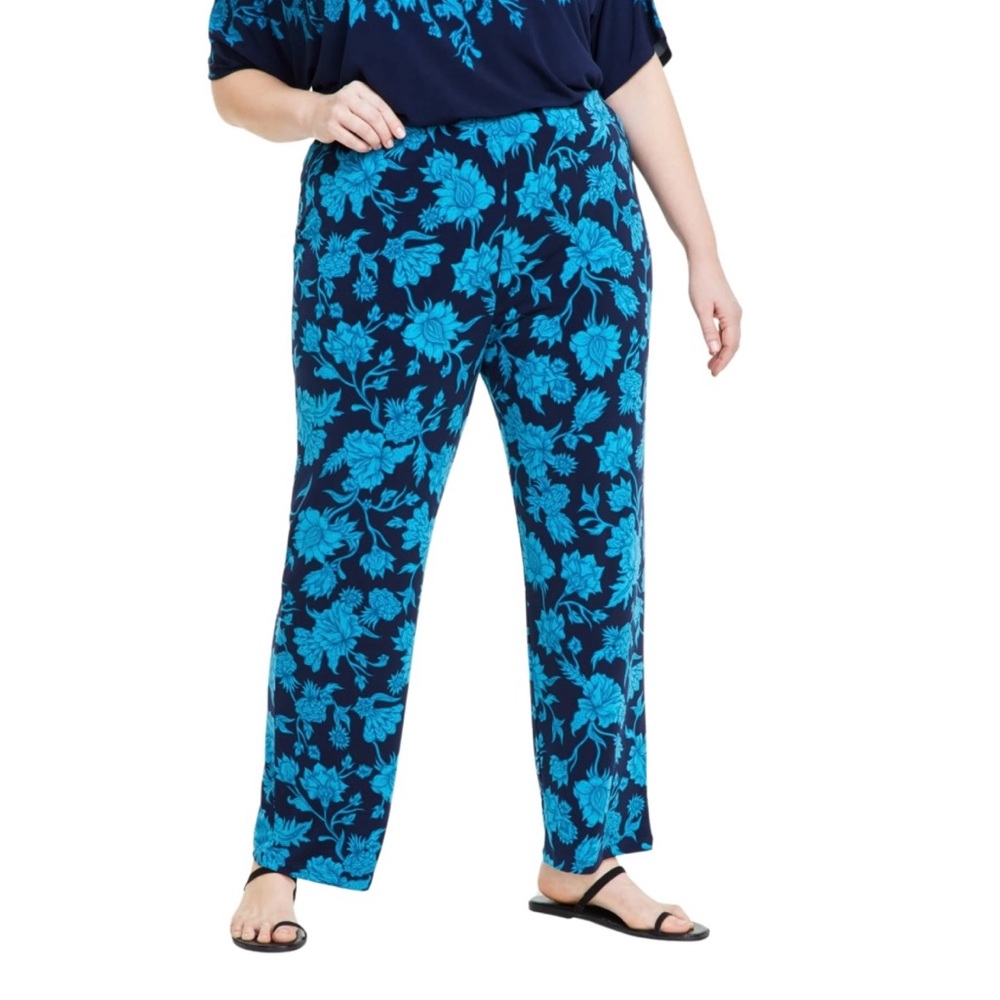 NWT Sz 10 Counterparts Floral Pull On Straight Leg Blue Teal Pants Tummy Control
